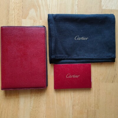 CARTIER Passport Case Holder Goatskin Leather Red Gray Fabric