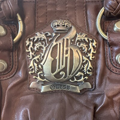 Vintage Y2K Guess Brown Leather Hand Bag Crown Logo With Shoulder