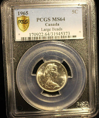 1965 Large Bead (DJ)**,PCGS Graded Canadian, Nickel 5 Cent, **MS