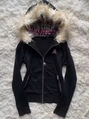 FUR HOODIE SKULL Y2K ALT EMO INDIE SLEAZE SCENE GOTH CROSS BONES