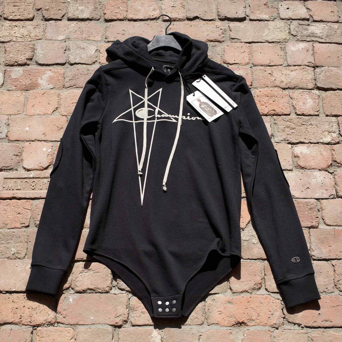 Brand New] Rick Owens x Champion Black Snap-Button Bodysuit Hoodie