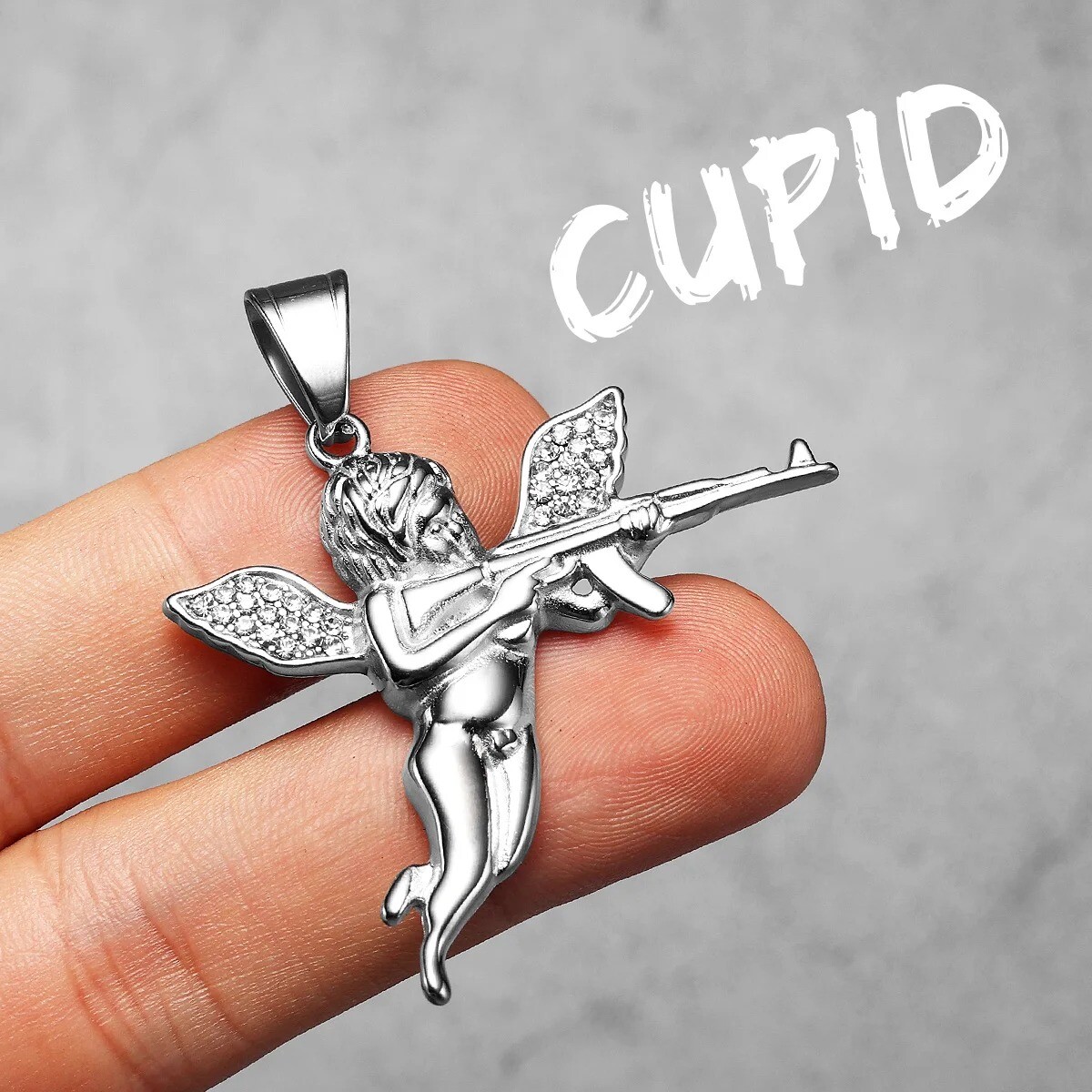 Angel Cupid AK47 Gun CZ Gold Silver Stainless Steel Men Necklaces