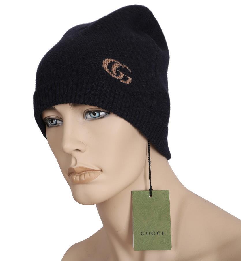 NEW GUCCI NAVY BLUE GG JACQUARD DOUBLE G LOGO CASHMERE BEANIE HAT