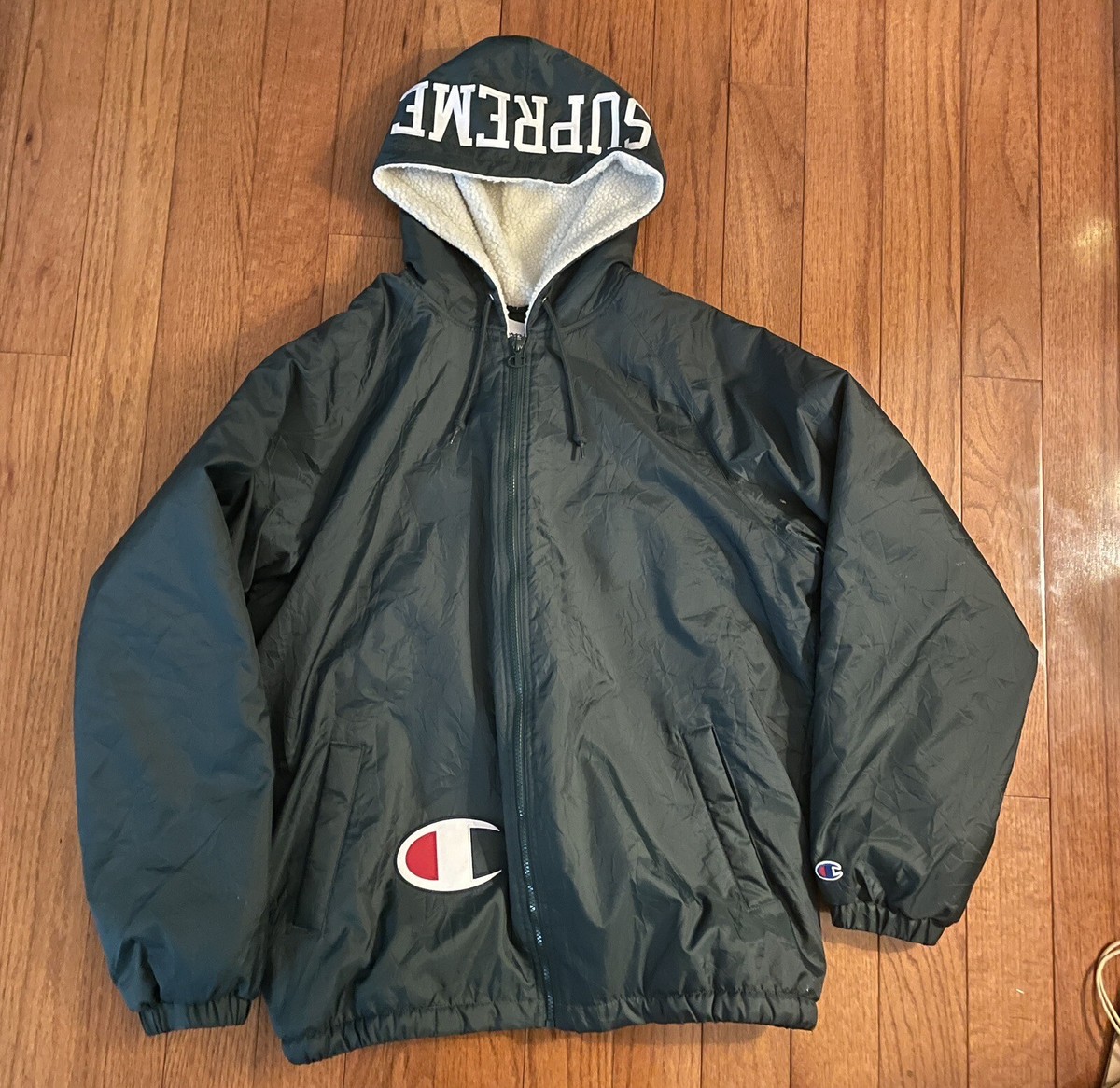 Size L -- Supreme Champion Sherpa Lined Hooded Jacket Dark Green
