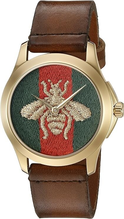 GUCCI G-Timeless Gold Tone Green & Red Bee Dial Leather Strap