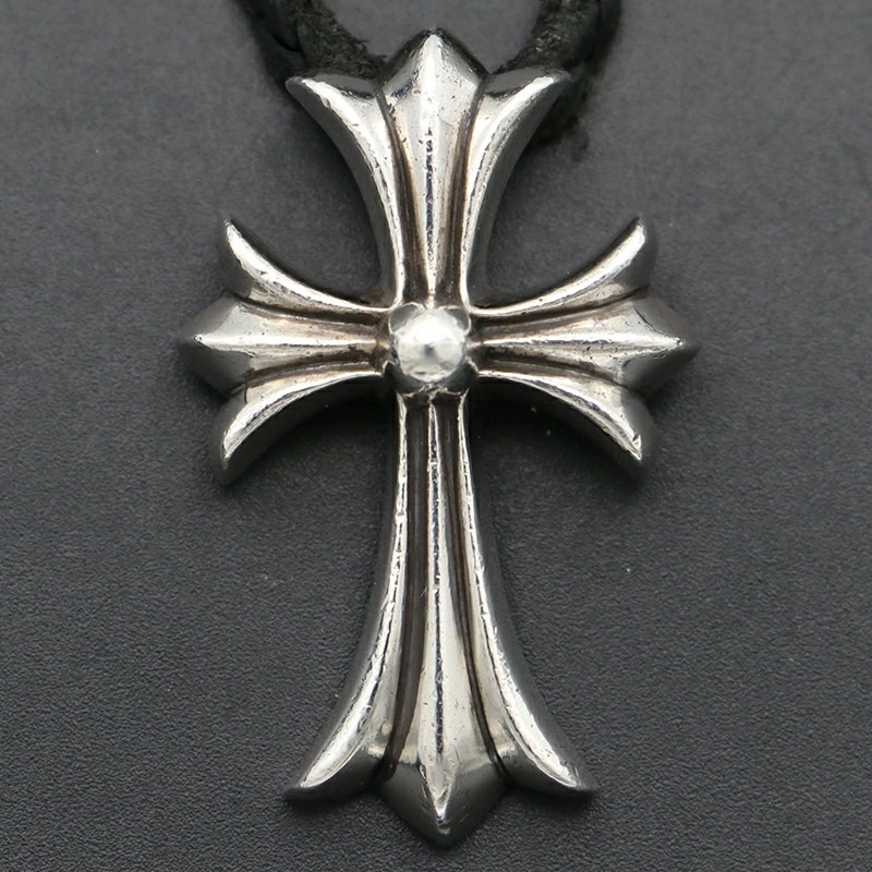 AUTH CHROME HEARTS SMALL CH CROSS PENDANT NECKLACE LEATHER BRAID