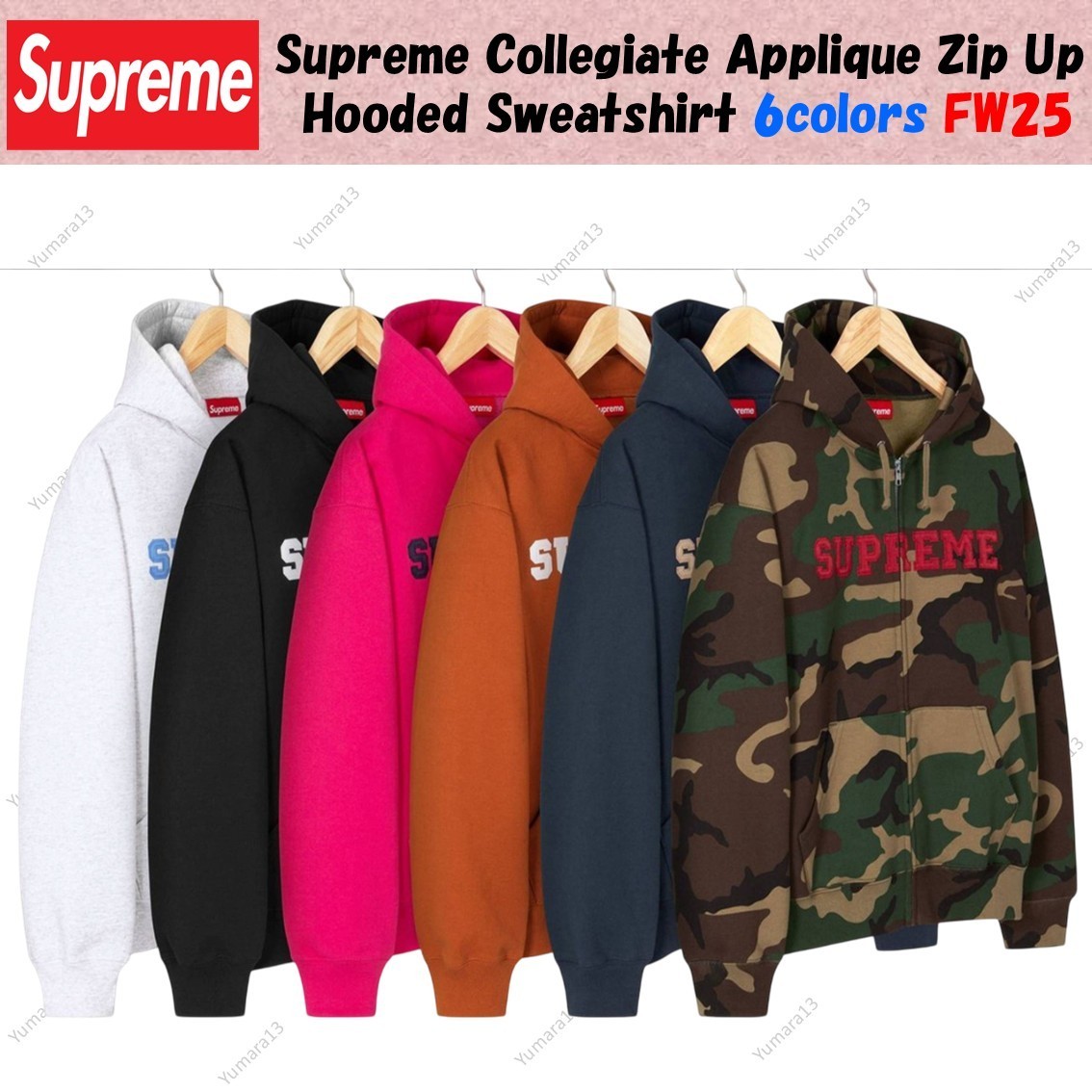 Supreme Collegiate Applique Zip Up Hooded Sweatshirt 6colors FW25