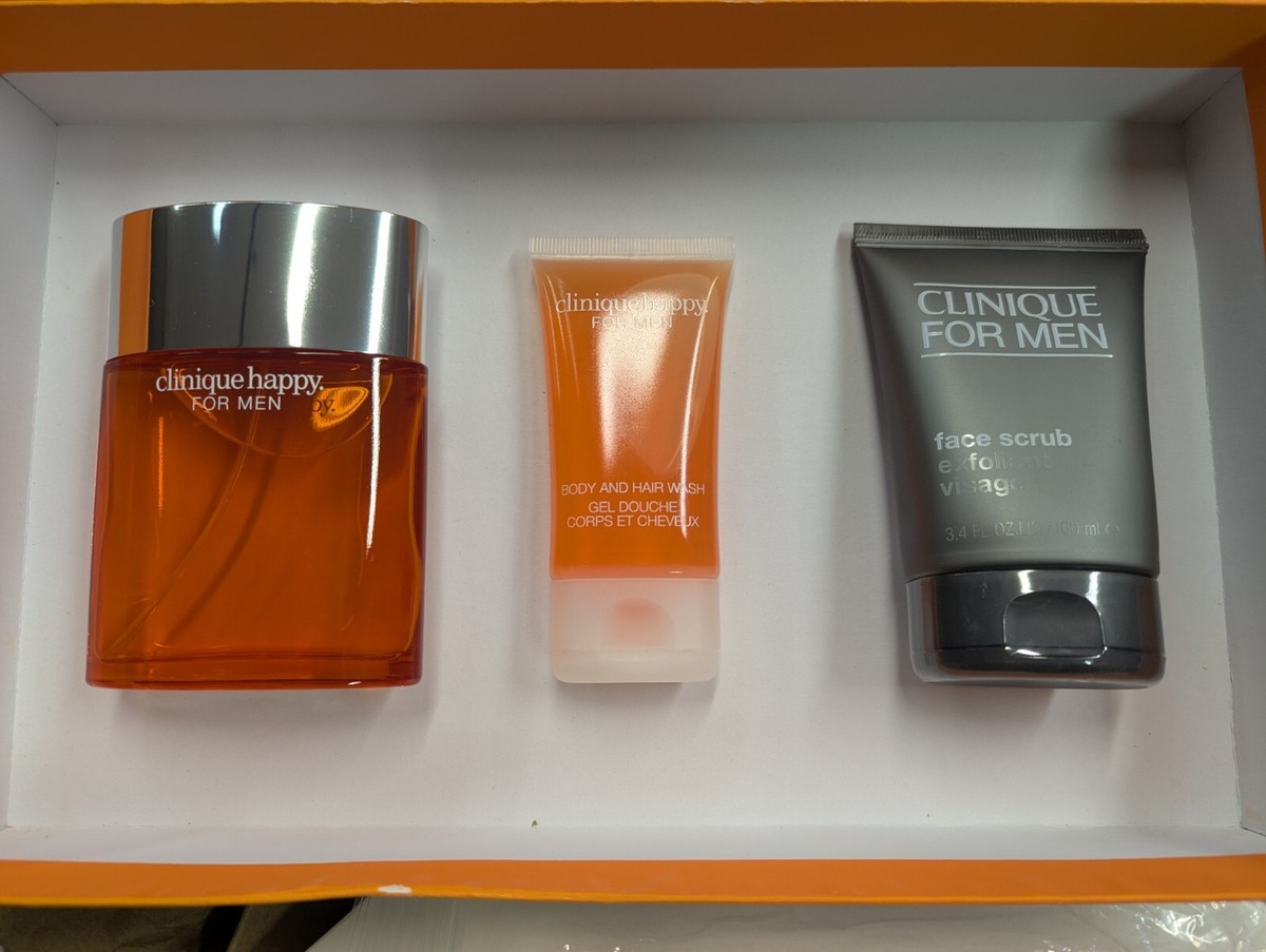 Clinique Happy For Him 3pc Gift Set Men Fragrance 3.4oz + Scrub +