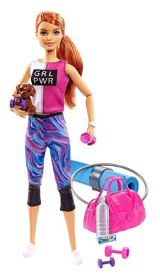 Barbie Made To Move GRL PWR Shirt , Puppy , Yoga Mat, Dumbbells