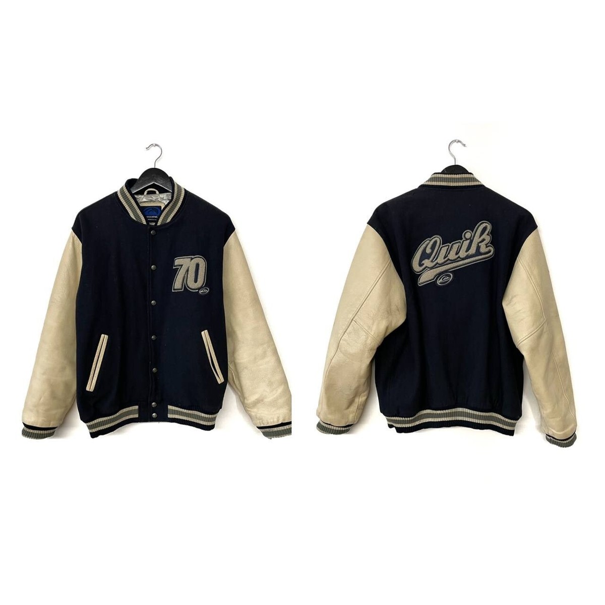 Vintage 90s Quicksilver Varsity Logo Wool Leather Sleeve Jacket