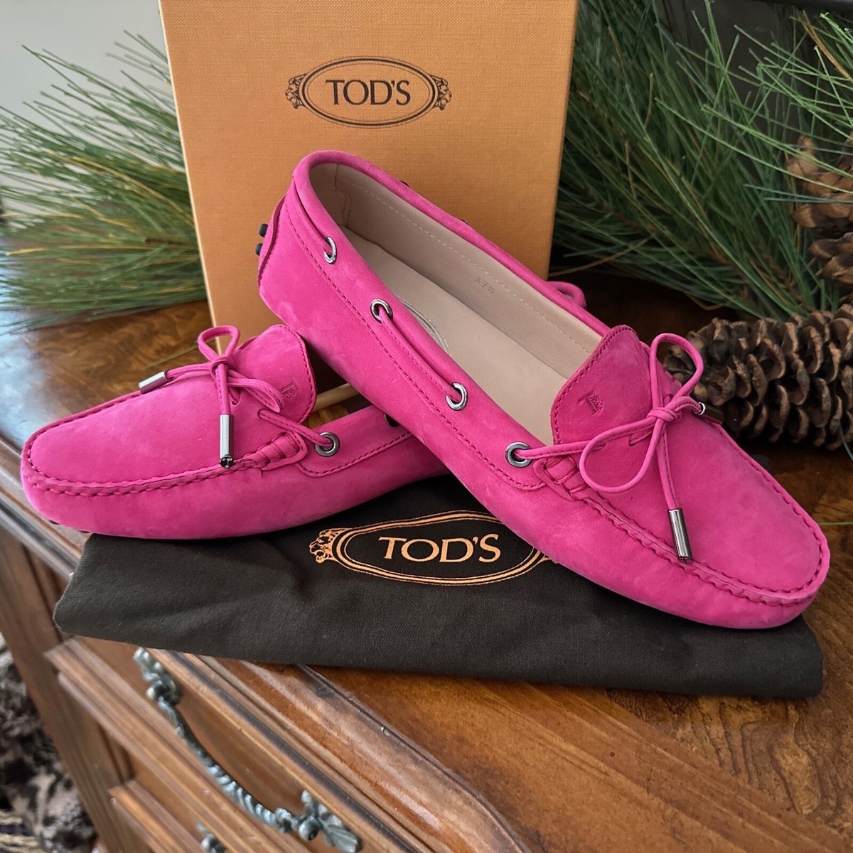 Womens Tods TOD'S Hot Pink Suede Leather Loafers Driving Shoes Sz