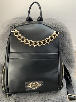 New Love Moschino Black Backpack w/ Gold Heart Chain Borsa Pu Nero