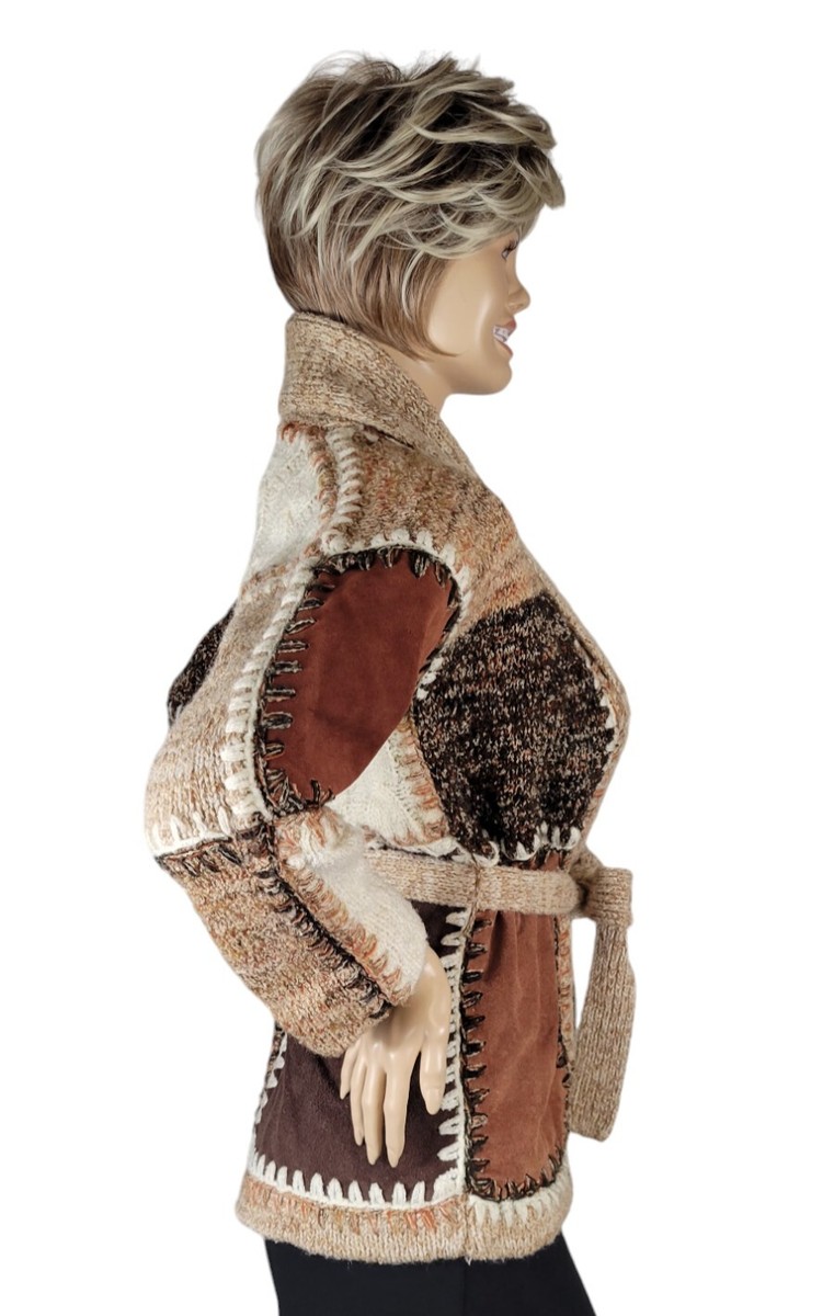 Vtg 70s Kennington Patchwork Cable Knit & Leather Boho Cardigan
