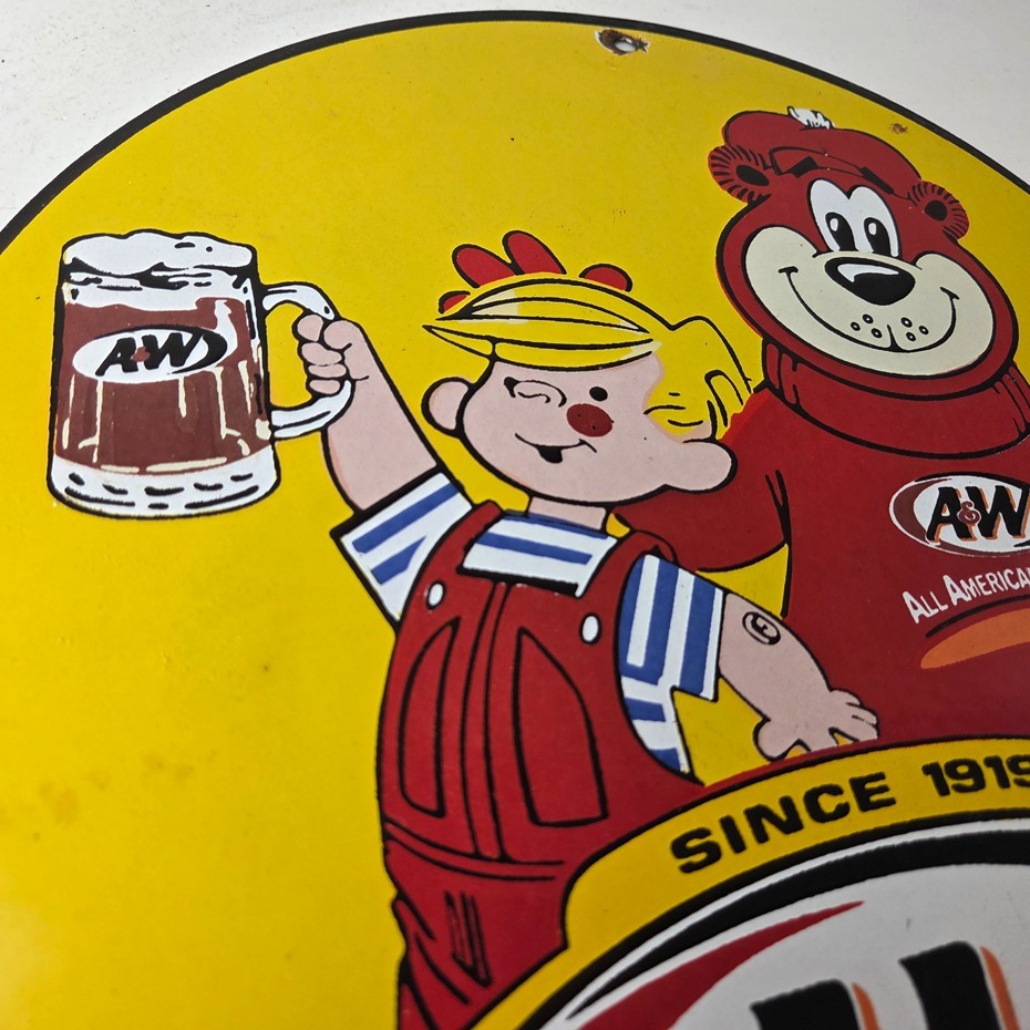 Vintage Root Beer Sign - A&W Soda Dennis Menace Bear Advertising