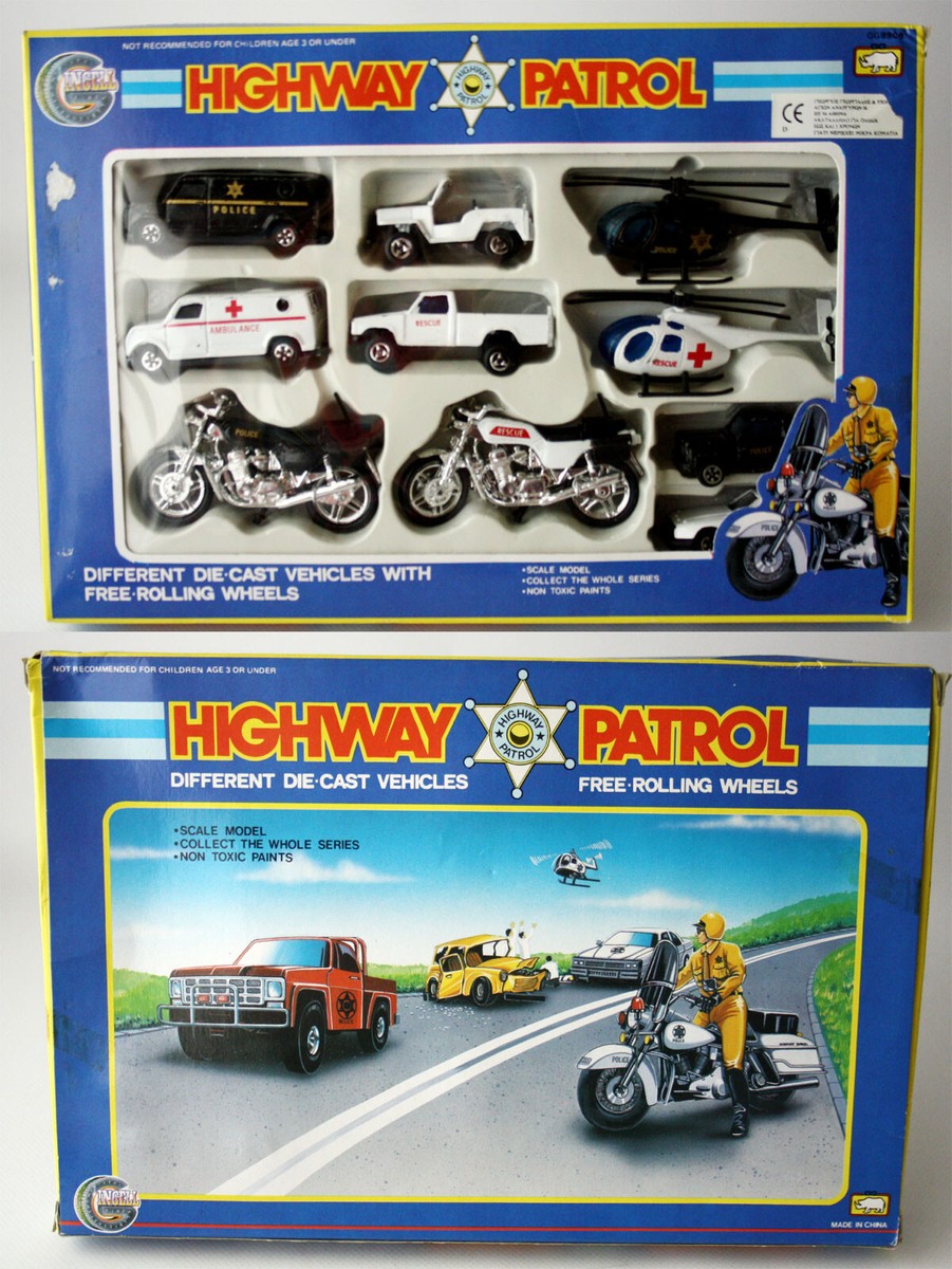 VINTAGE 90'S HIGHWAY PATROL DIE CAST POLICE PLAYSET VAN MOTORBIKE