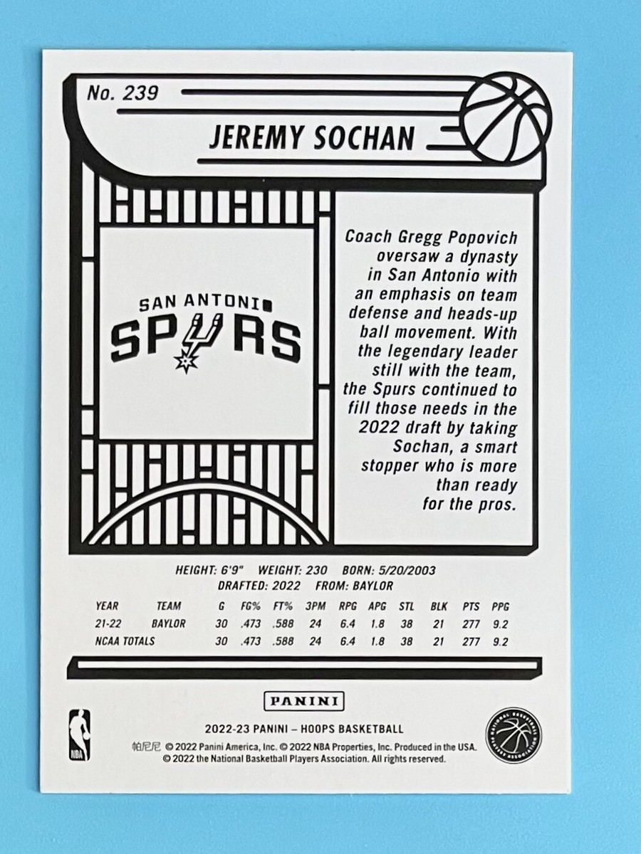 2022-23 Panini NBA Hoops Jeremy Sochan Rookie Card RC #239 San