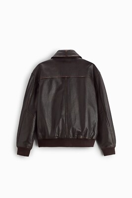 New Zara Genuine Leather Bomber Aviator Jacket S Brown 5479/300