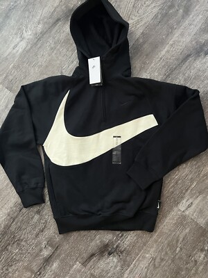 Nike Big Swoosh Logo 1/2-Zip Fleece Hoodie Black White DX0566-013