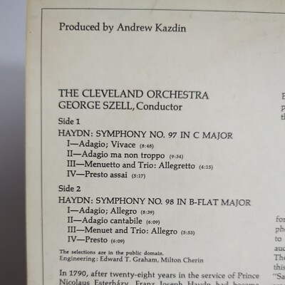 Haydn Symphonies No. 97 in C No. 98 in B flat Szell Cleveland
