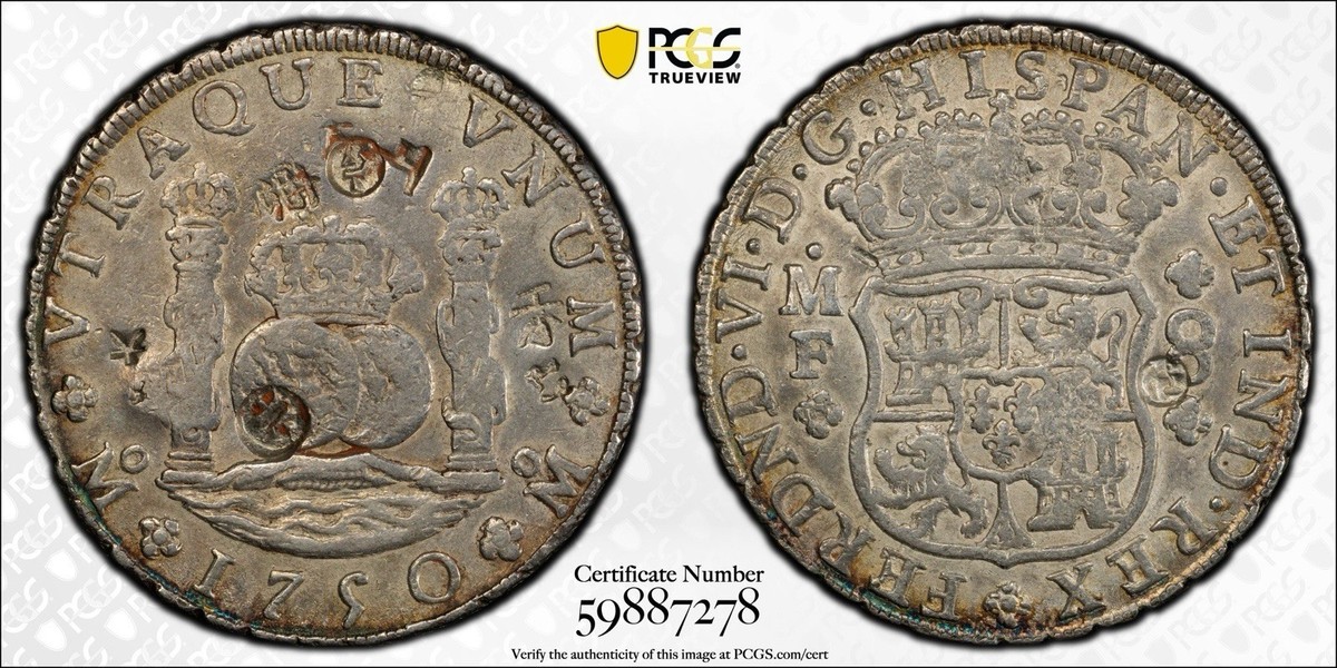 1750 Mexico Pillar 8 Reales PCGS XF Chopmark Royal Crown Silver
