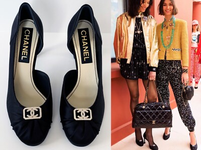 NIB 23C CHANEL BLACK SATIN D'ORSAY CRYSTAL RUNWAY HIGH HEEL PUMPS