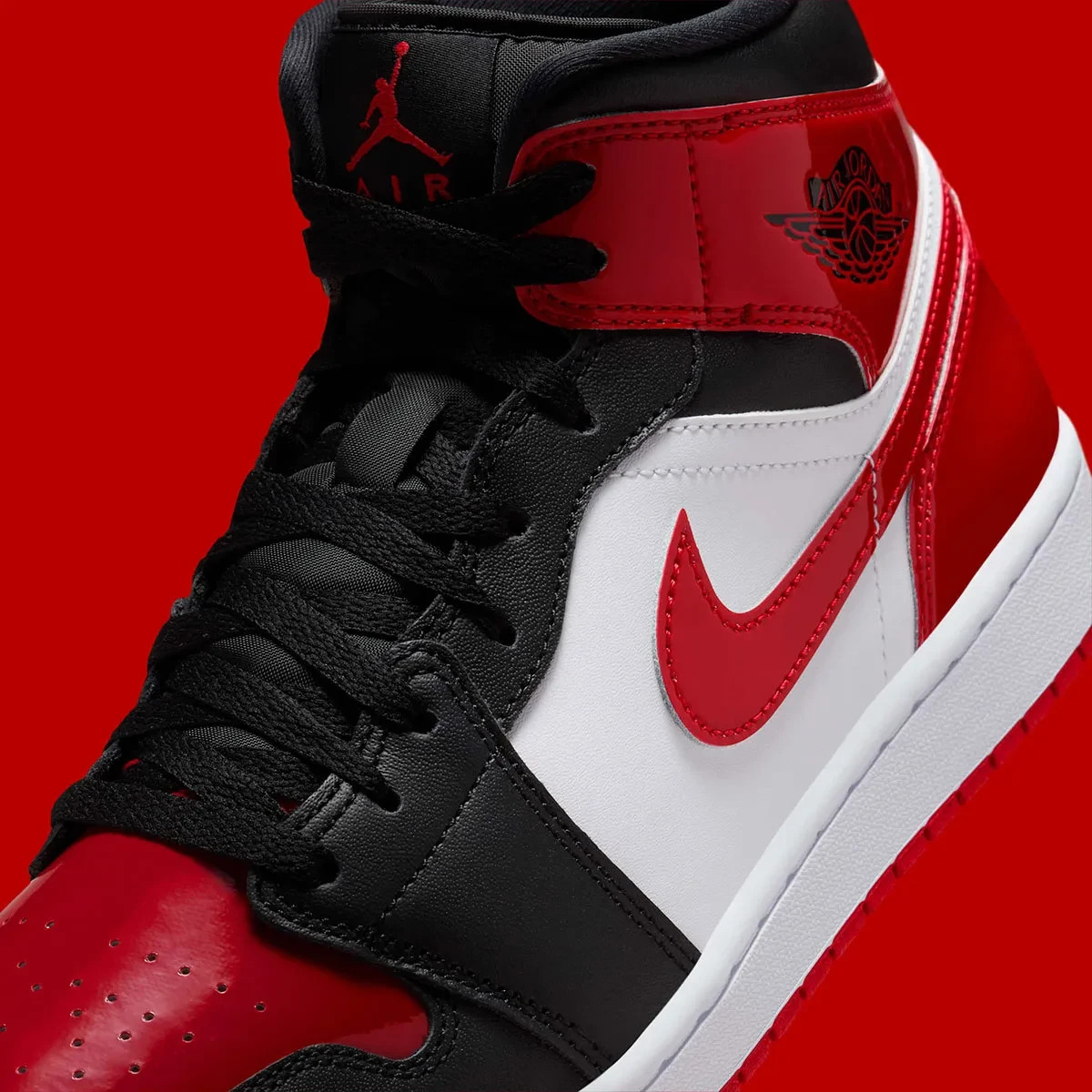 Nike Air Jordan 1 Mid Patent Bred Black Red HV4091-006 Men's Shoes