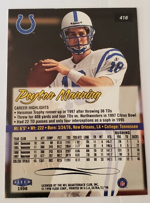 1998 Fleer Ultra PEYTON MANNING #416 Rookie RC Indianapolis Colts
