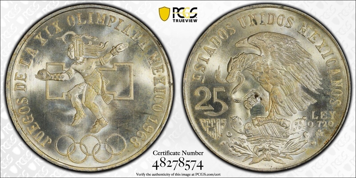 1968 Mo Mexico 25 Peso 19th Summer Olympic Type 1 Silver Coin PCGS