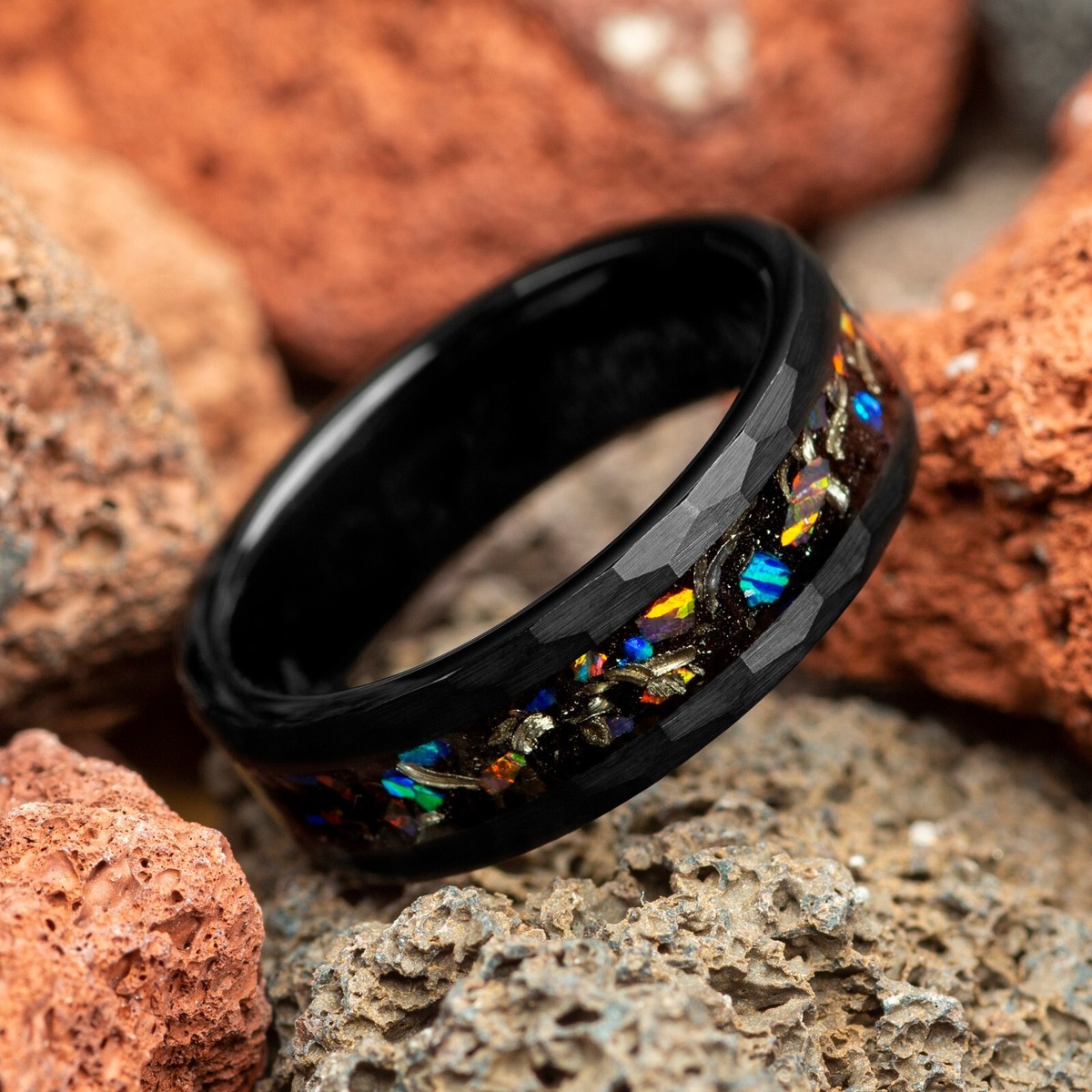 Crushed Meteorite & Galaxy Opal Black Tungsten Mens/Womens Wedding