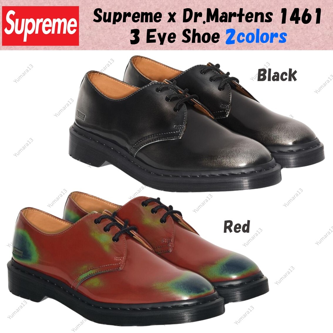 Supreme x Dr.Martens 1461 3 Eye Shoe Black Red 2colors Men's Size