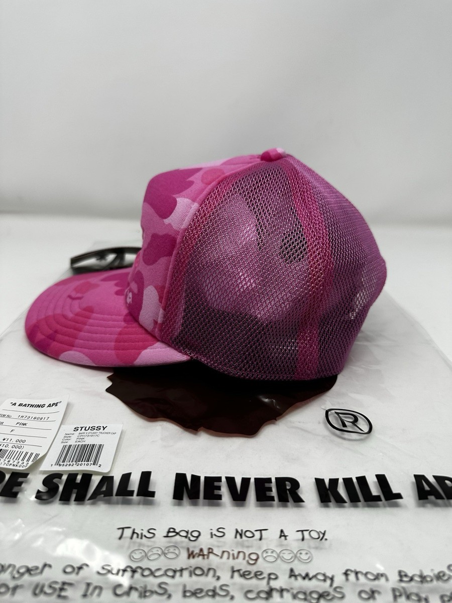 Stussy X Bape A Bathing Ape Trucker Mesh Cap Hat 2022 Pink IN HAND