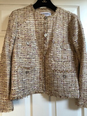 CHANEL 06P VINTAGE TWEED BEIGE MULTICOLOR FRIDGE JACKET CC BUTTONS