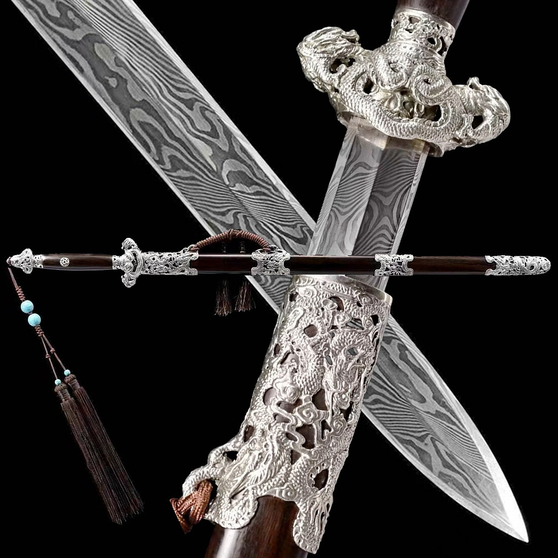 White Copper Nine Dragon Jian 九龙剑 WUSHU Tai Chi Sword Damascus