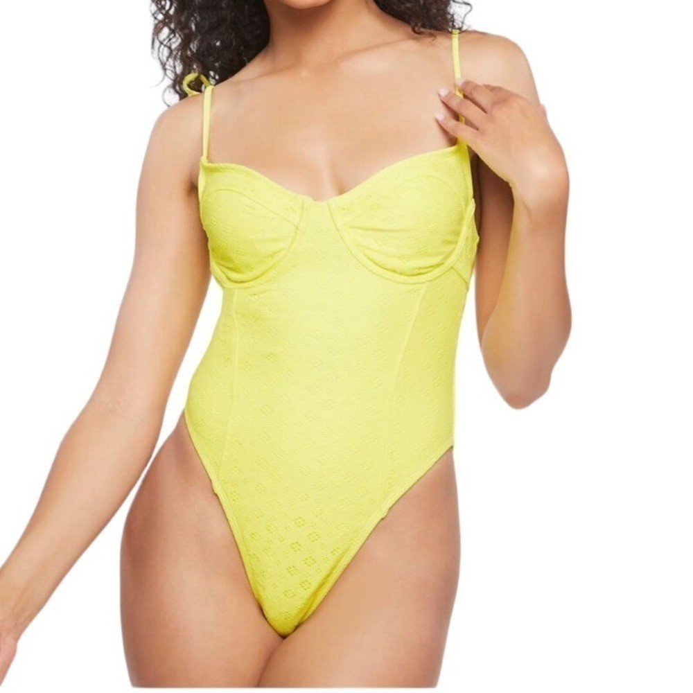 Forever 21 NWT Bright Yellow Tie-Strap Eyelet One-Piece Swimsuit