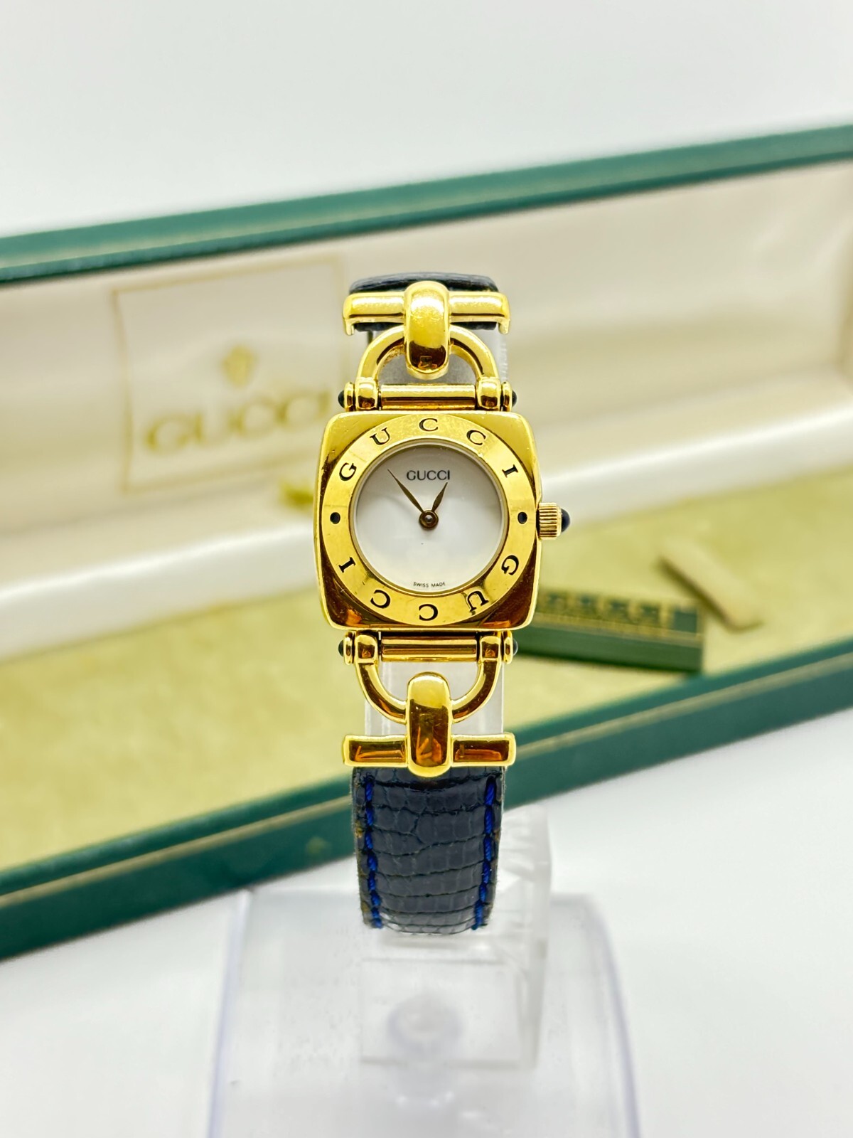Exc+5 w/Box ] Gucci 6300L Women's Gold Vintage Watch Black Blue