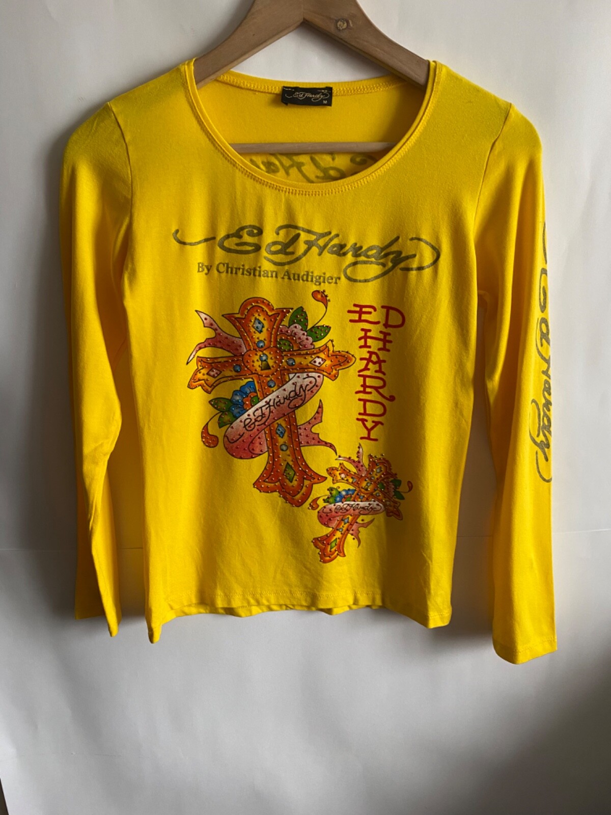 Ed Hardy by Christian Audigier Long Sleeve Tee/T Shirt Yellow Size