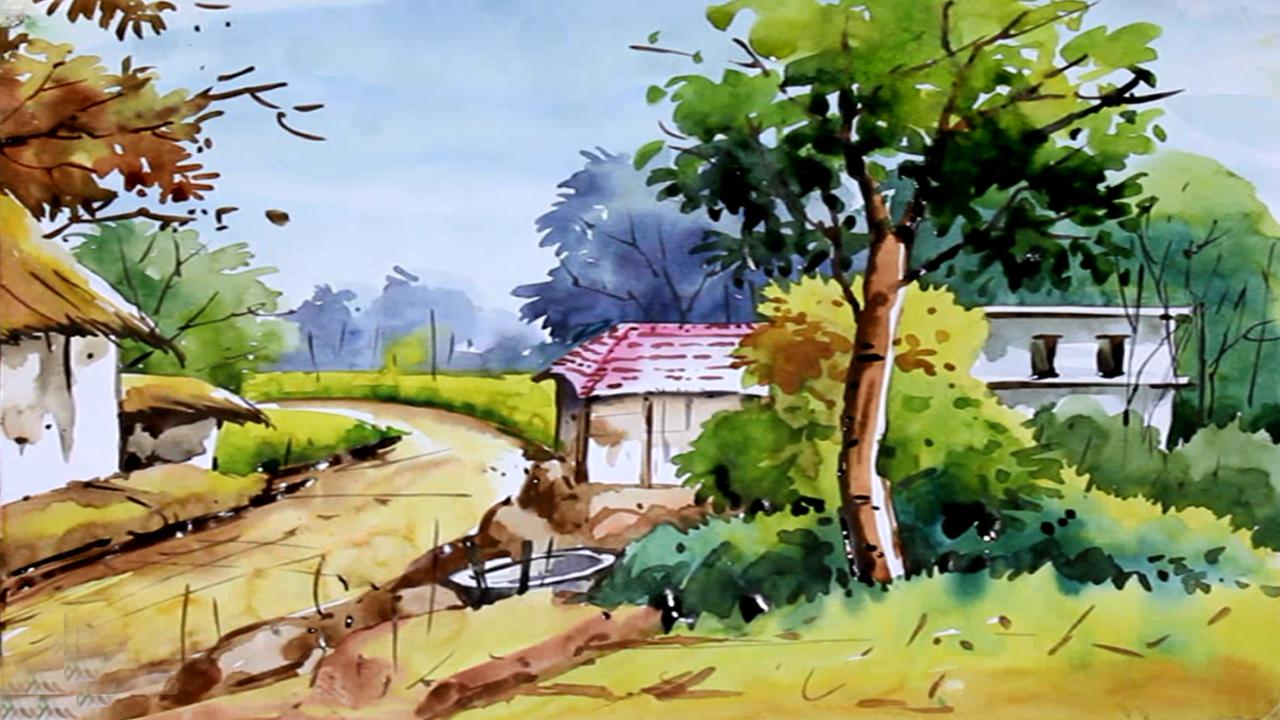 水彩風景画 自然 村 絵 : r/painting