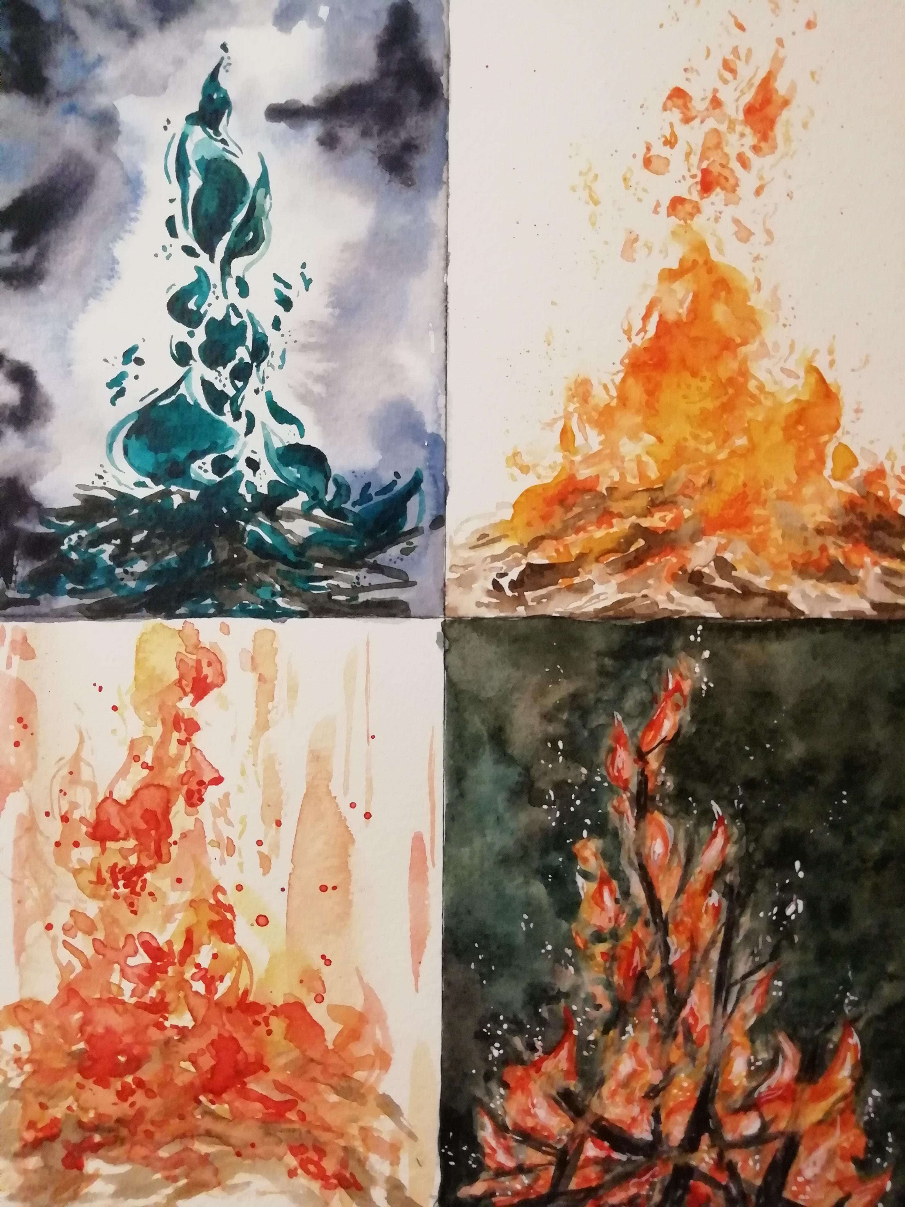 水彩絵の具で炎を描くのに色々試してみた🔥 : r/Watercolor