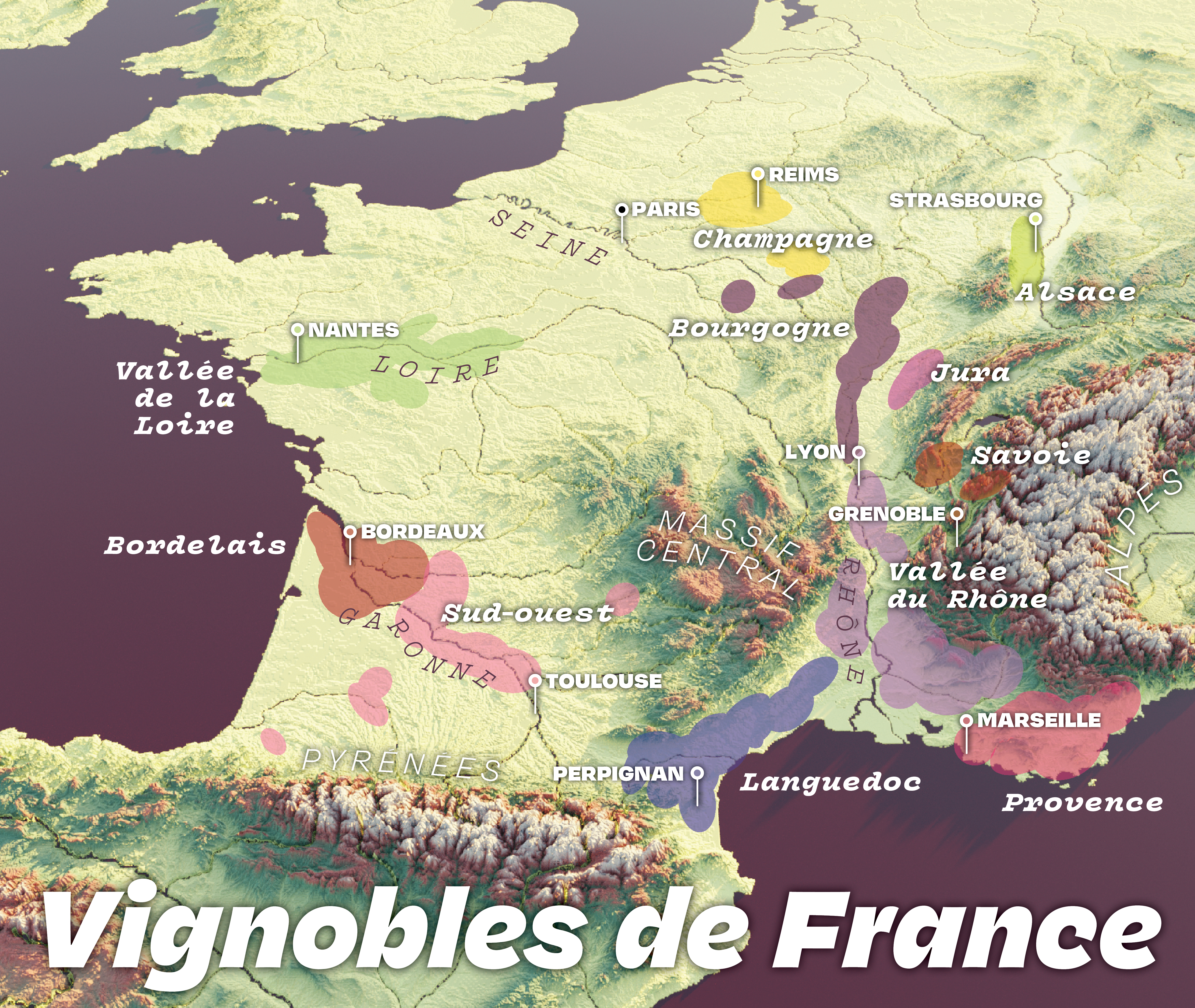 簡略化された3Dフランスワインマップ : r/MapPorn