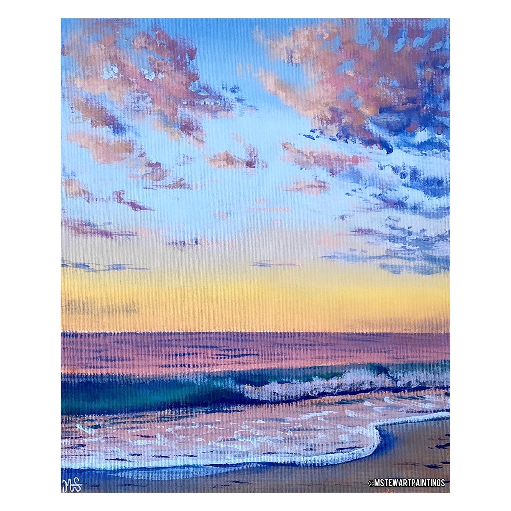 アクリル絵の具で描いた、海に沈む夕日。ステップバイステップの