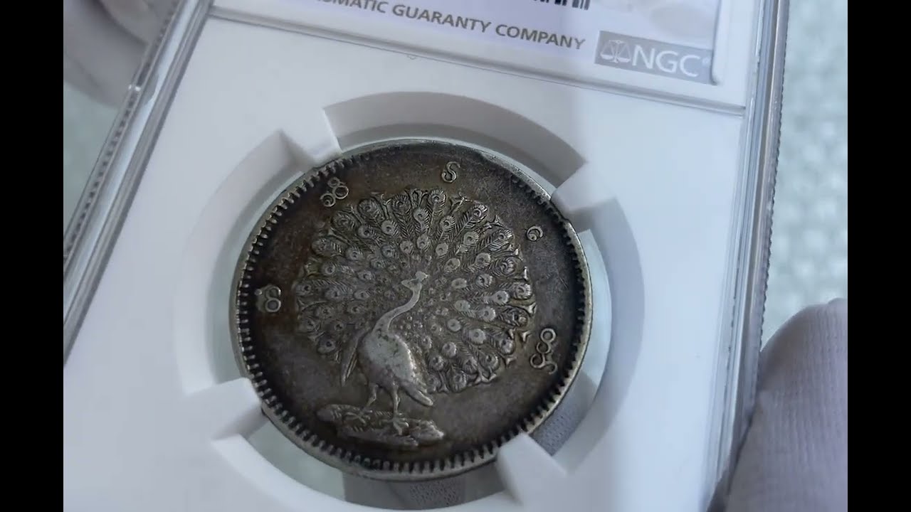 NGC鑑定AU53】ビルマ ミャンマー 孔雀 クジャク 1チャット銀貨 1852年