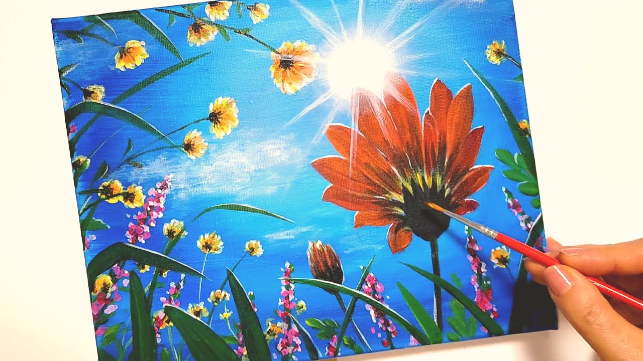 How to draw [blue sky, sun and flower garden] with acrylic paint