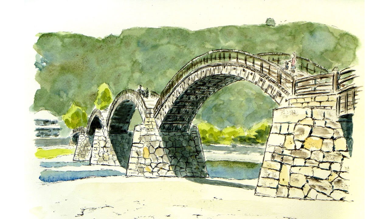歴史ある木造の橋 錦帯橋／山口県 【透明水彩風景画】 Japanese