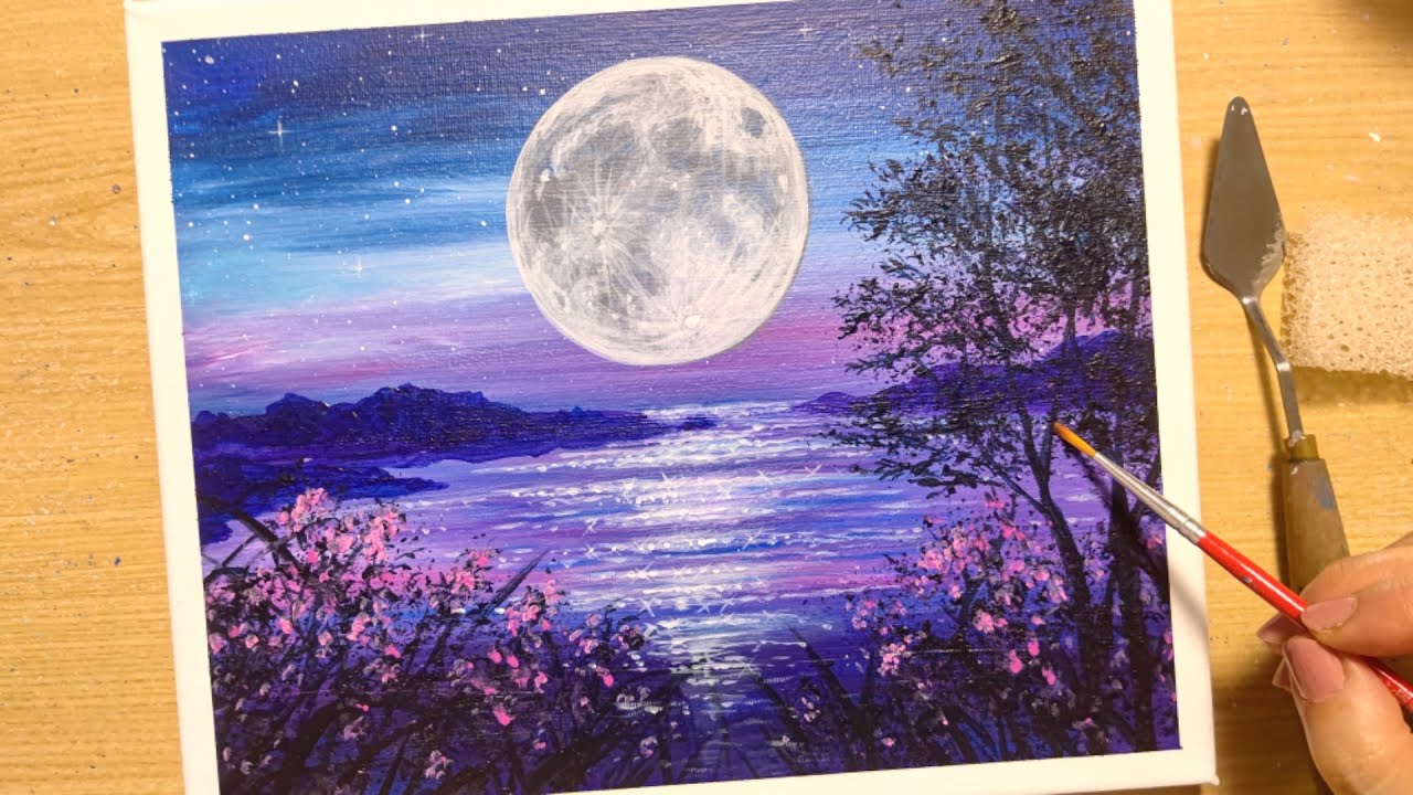 How to draw the full moon and the sea with acrylic paint / for