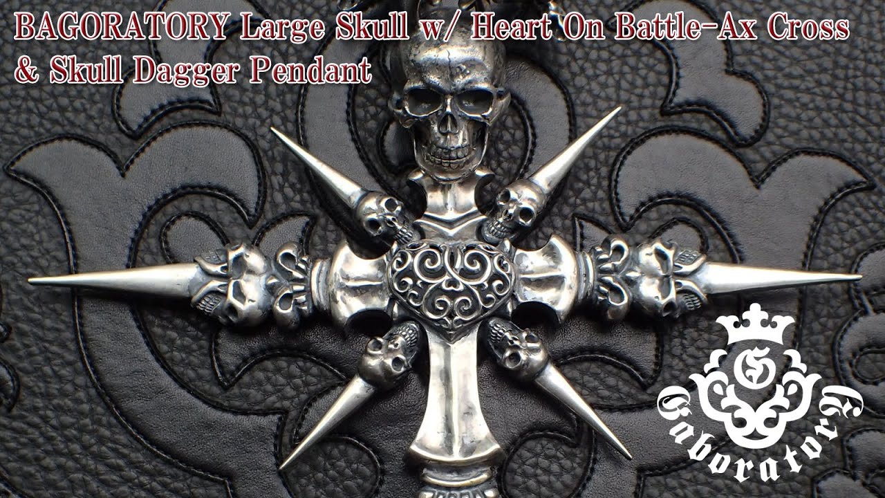 GABORATORY Large Skull with Heart on Battle Axe Cross & Skull