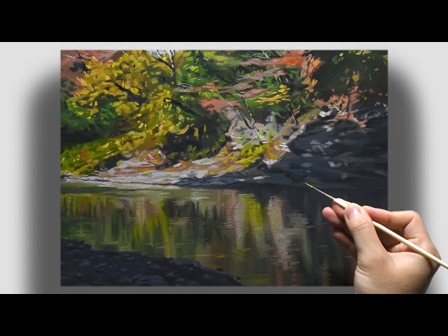 油絵] 5時間10分で描くリアルな秋の川の風景のメイキング | 描き方