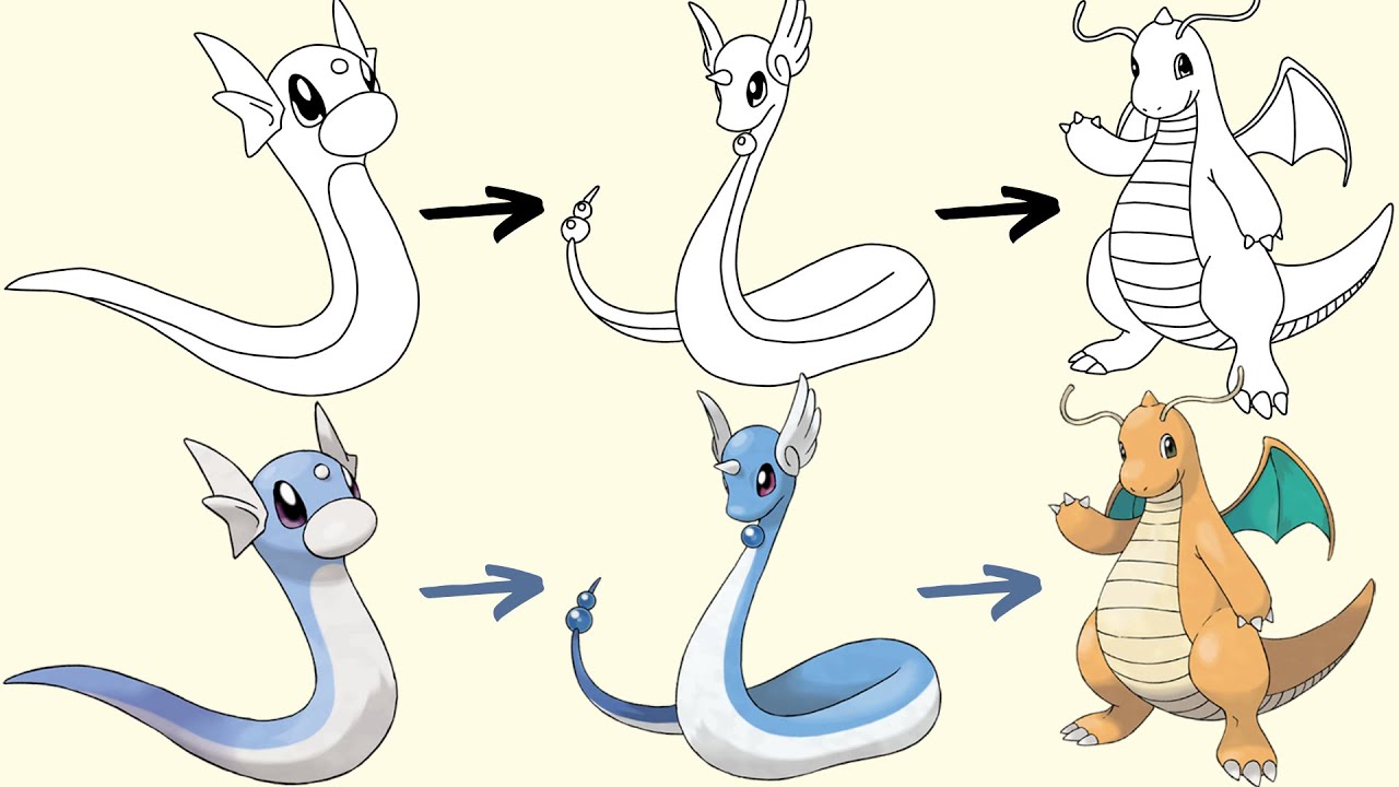 ミニリュウ、ハクリュー、カイリューの描き方 | ポケモンの進化 - YouTube