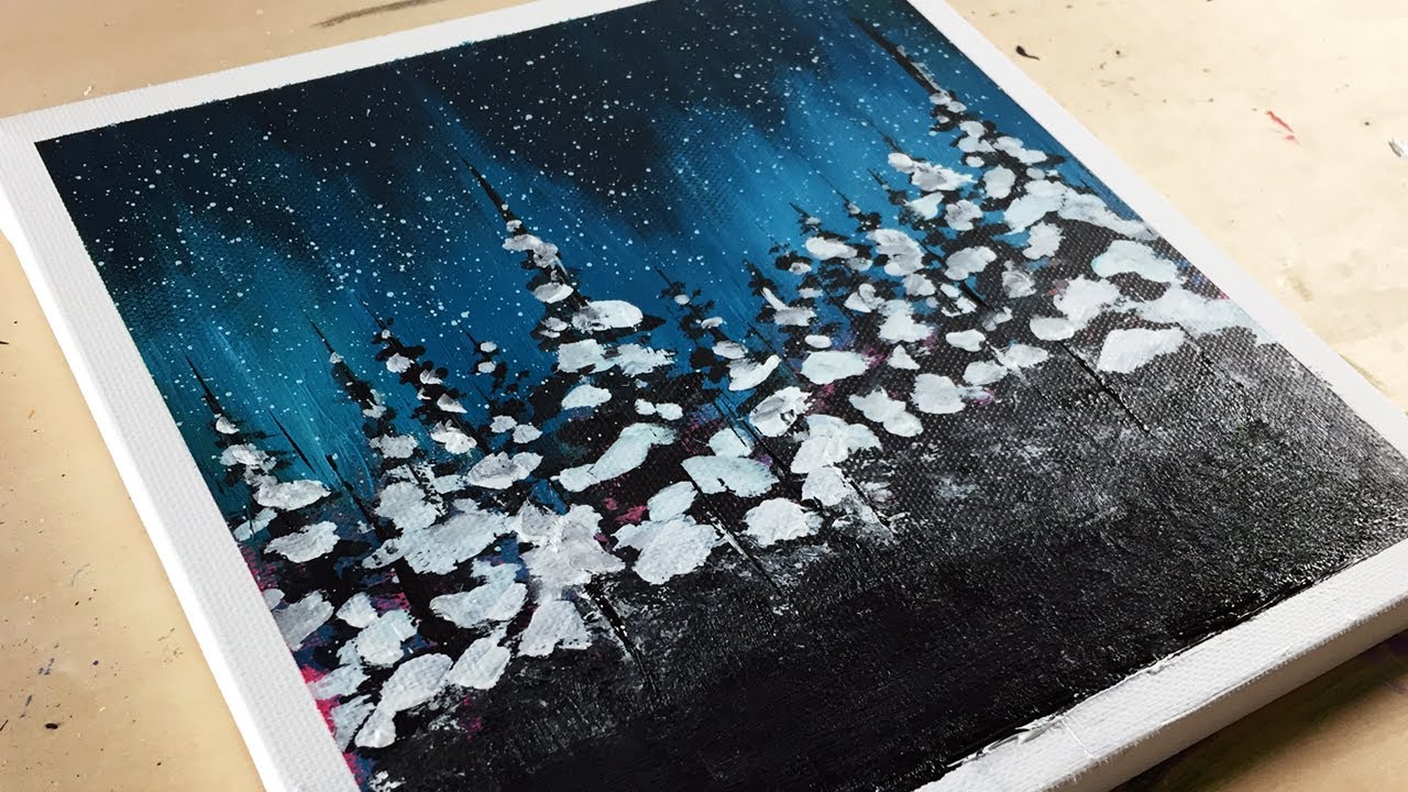 モミの木とオーロラ / アクリル絵の具 / 初心者が簡単に絵を描く方法