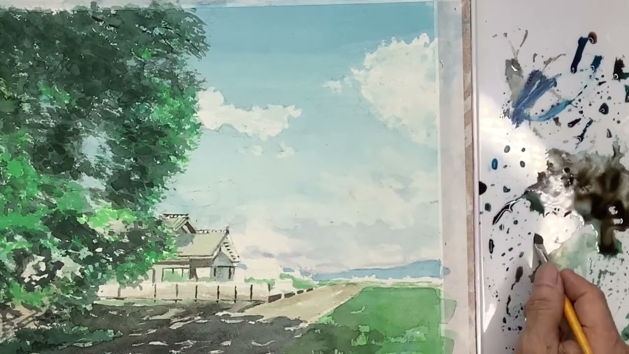 透明水彩で描く】大樹腰の田園風景 2023年9月24日 - YouTube