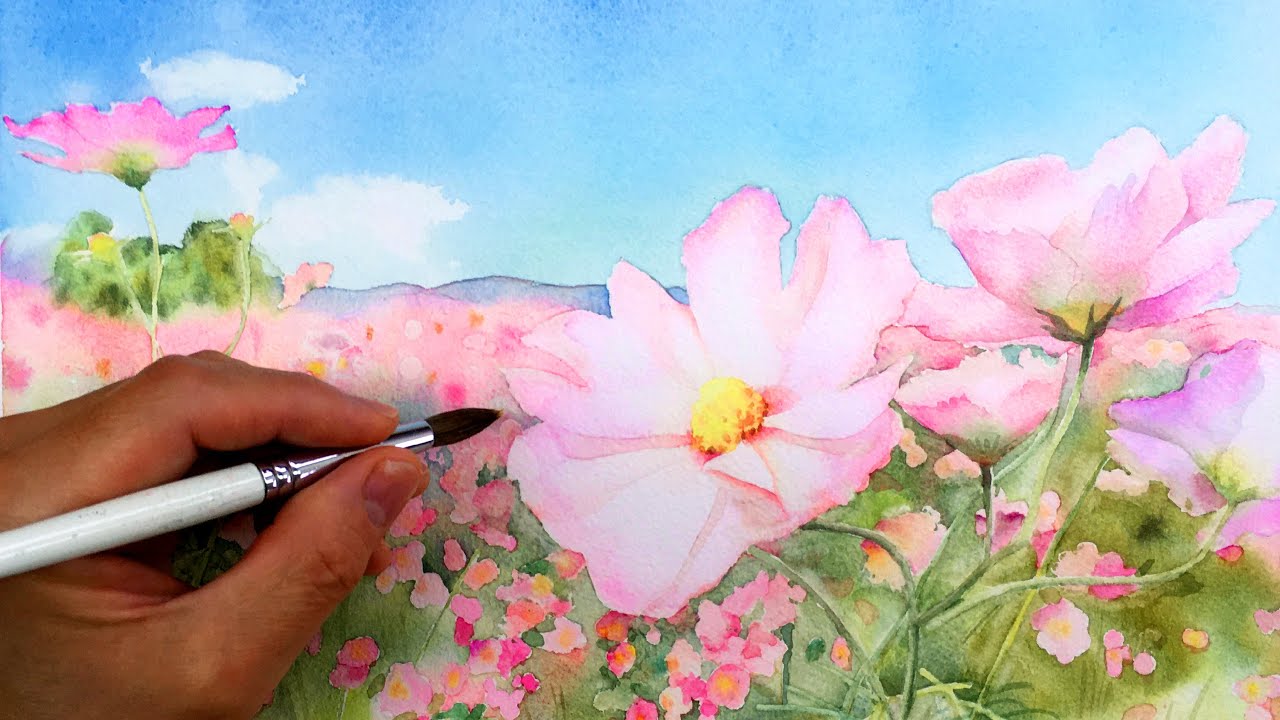 水彩画テクニック】コスモスと秋空を描こう【マスキング液の使い方徹底